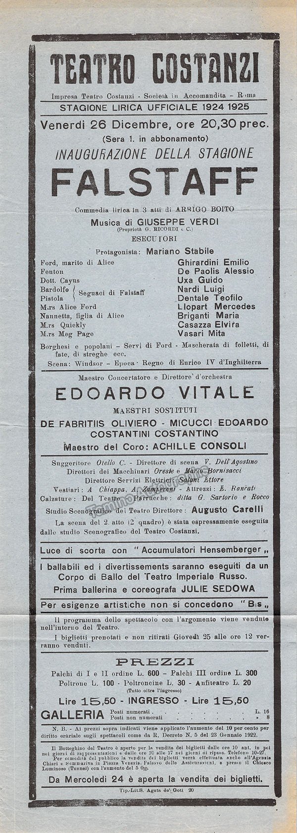 Teatro Costanzi - Unsigned Opera Playbills 1911-1925 (Various Playbills) - Image 7