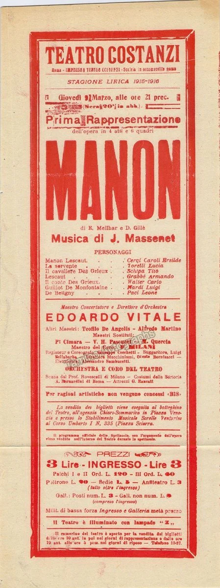 Teatro Costanzi - Unsigned Opera Playbills 1911-1925 (Various Playbills) - Image 9