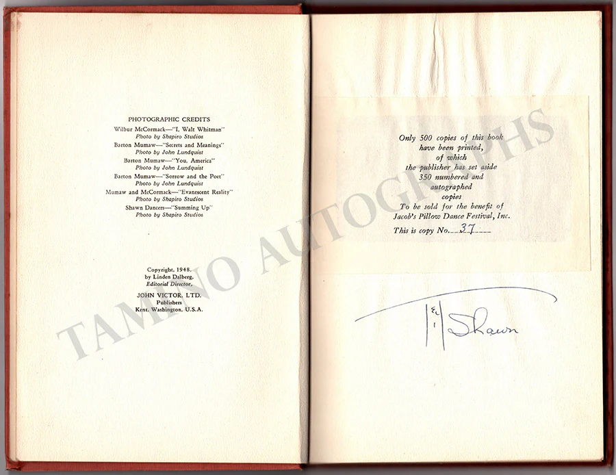 Shawn, Ted - Signed Book "Whitman: His Immortal Leaves" - Image 3