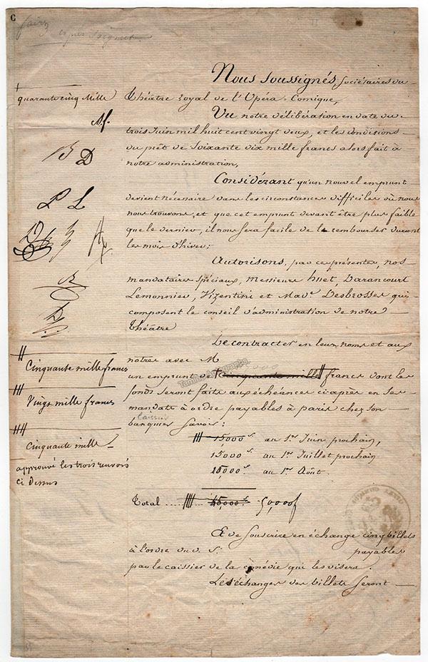 Theatre Royal de L'Opera-Comique - Signed Contract 1823