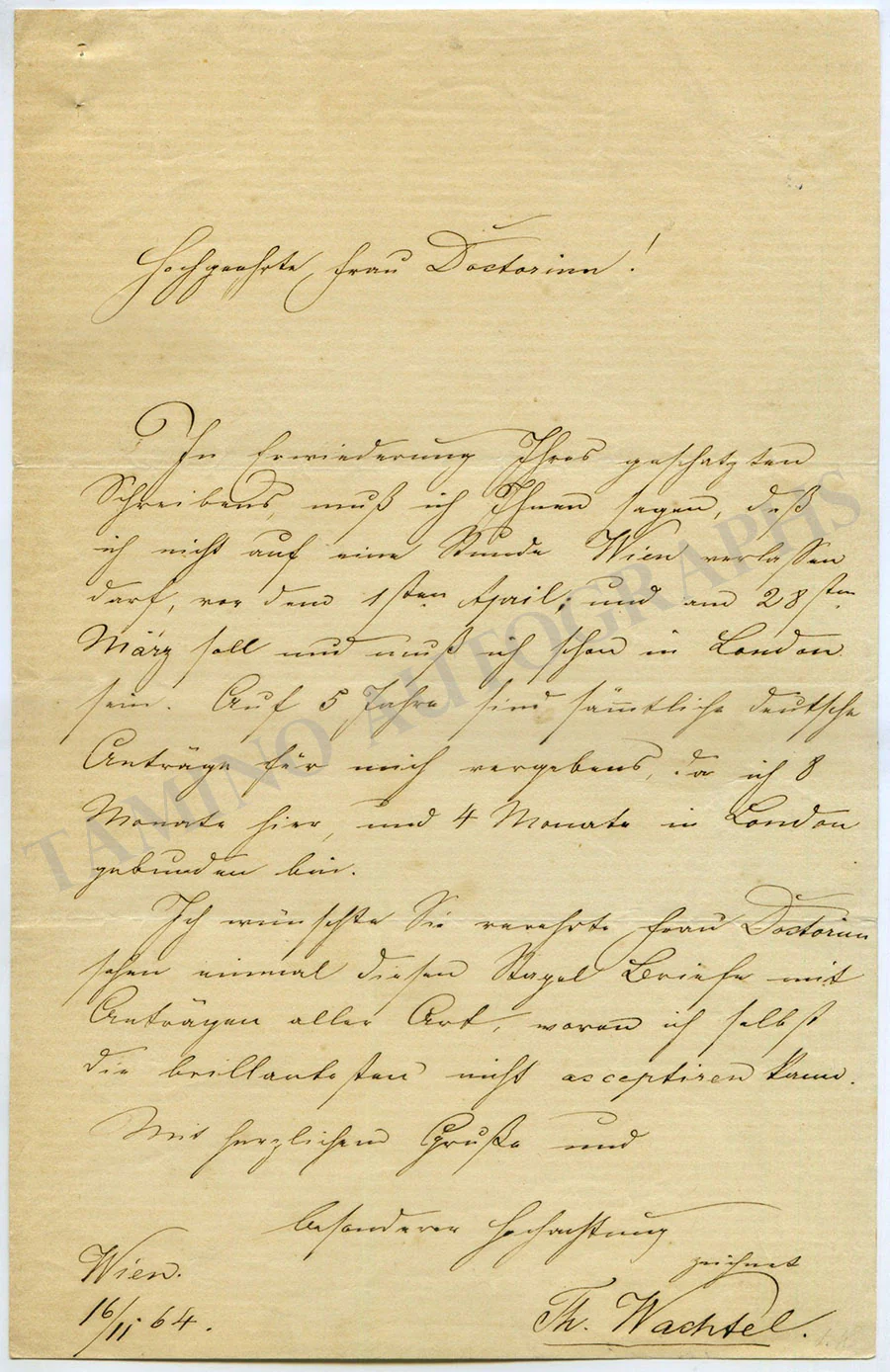 Wachtel, Theodor - Autograph Letter Signed 1864