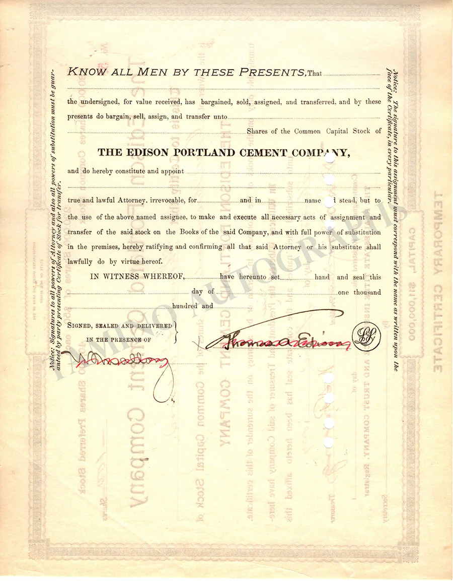 Edison, Thomas Alva - Signed Stock Certificate - Image 2