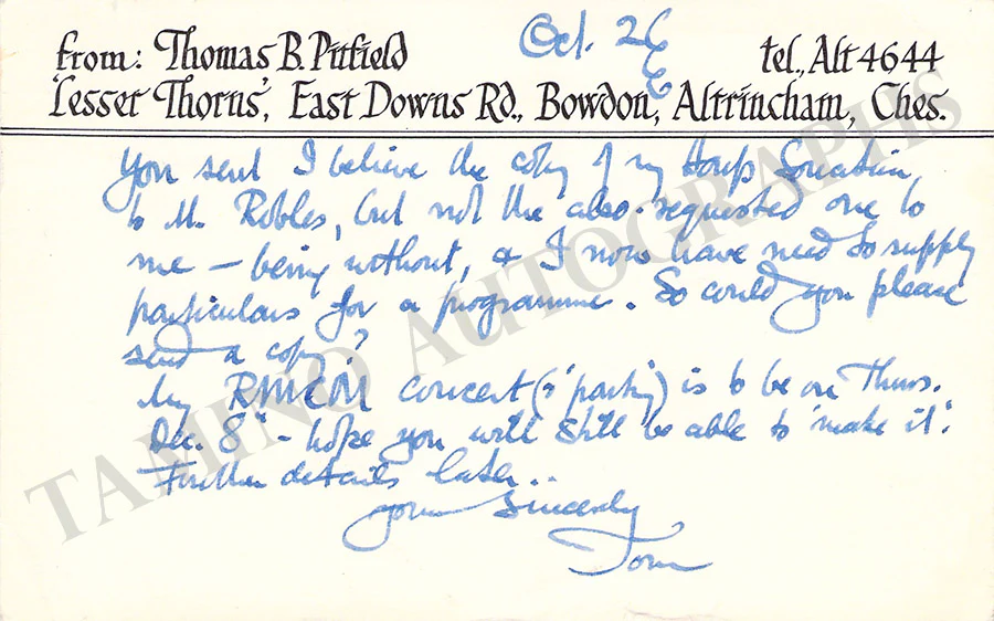 Pitfield, Thomas - Autograph Note Signed 1966