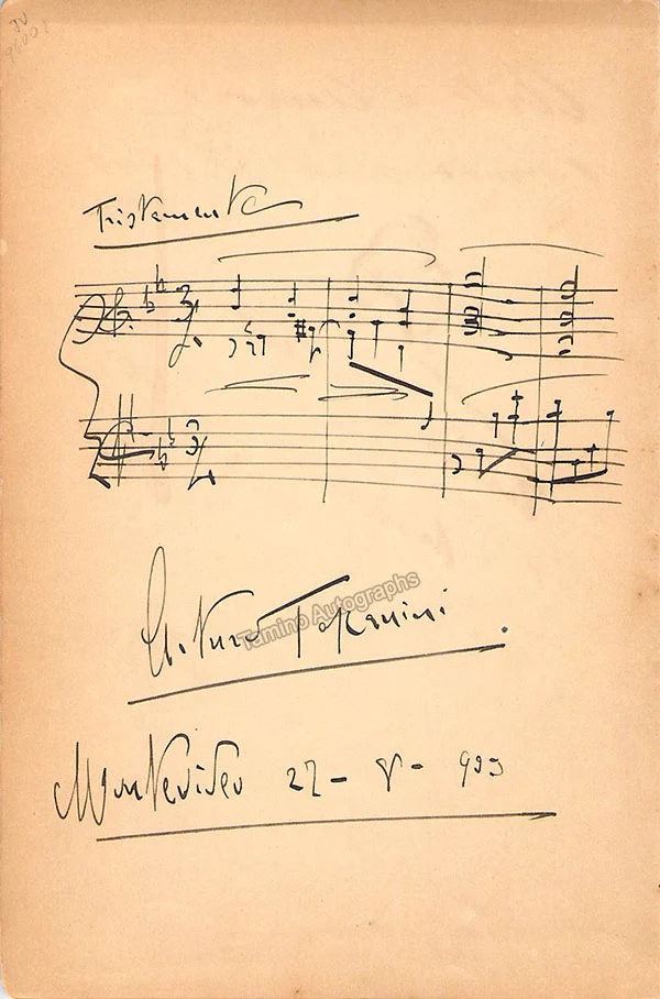 Toscanini, Arturo -Caruso, Enrico - Signed Album Page with 2 Signatures, Music Quote and Caricature