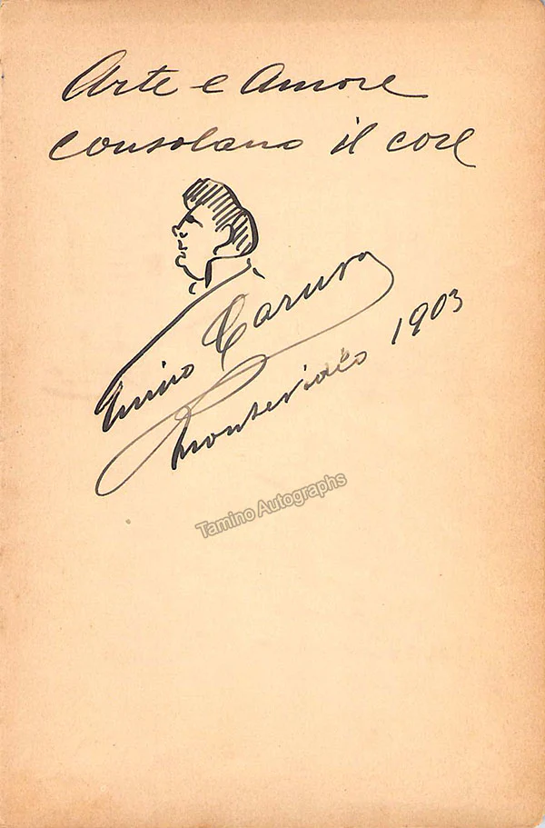 Toscanini, Arturo -Caruso, Enrico - Signed Album Page with 2 Signatures, Music Quote and Caricature - Image 2