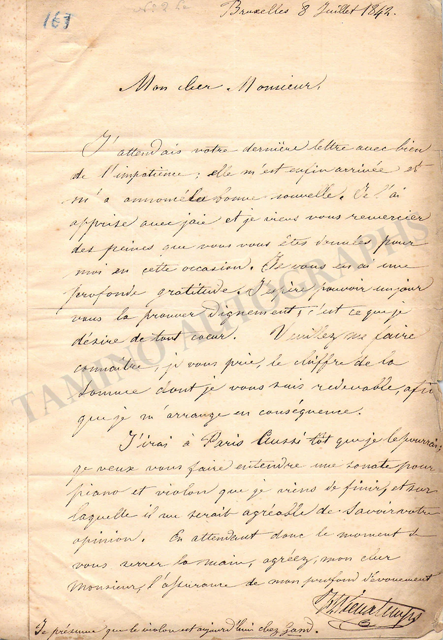 Vieuxtemps, Henri - Autograph Letter Signed 1842