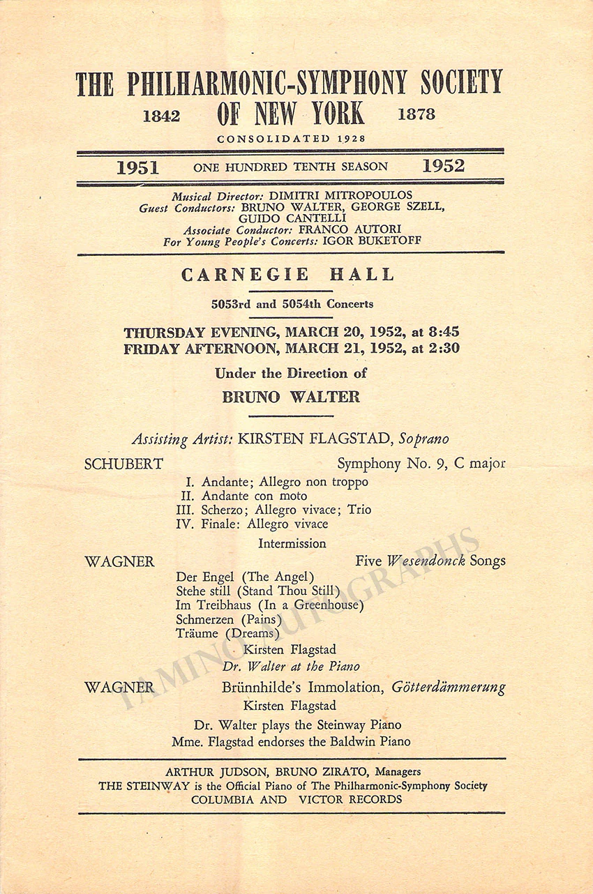 Walter, Bruno - Flagstad, Kirsten - Unsigned Program 1952