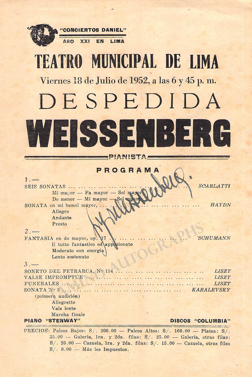Weissenberg, Alexis - Signed Program 1952