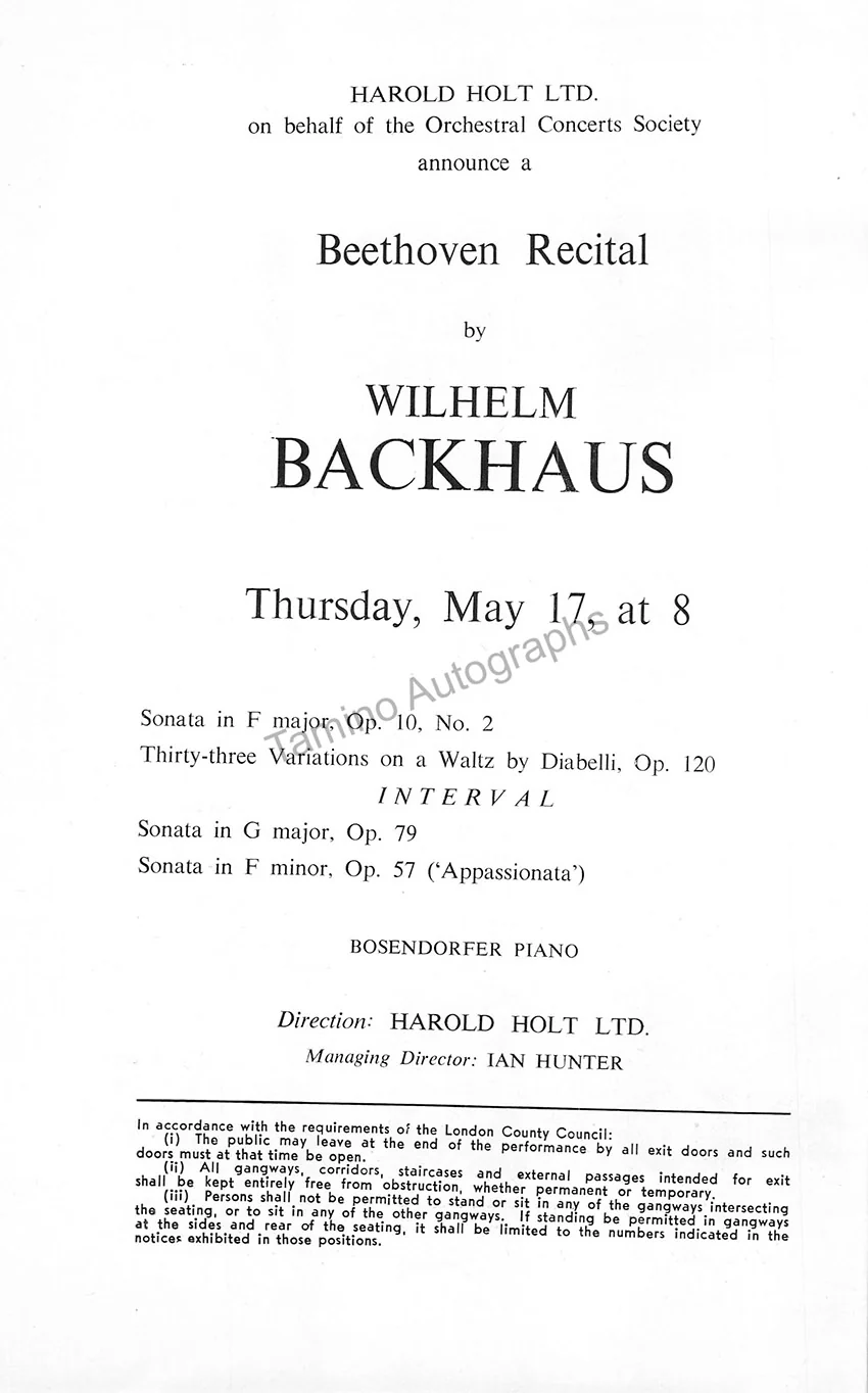 Backhaus, Wilhelm - Signed Program London 1956 - Image 2