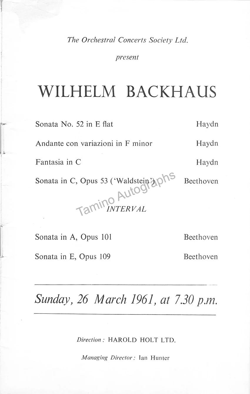 Backhaus, Wilhelm - Signed Program London 1961 - Image 2