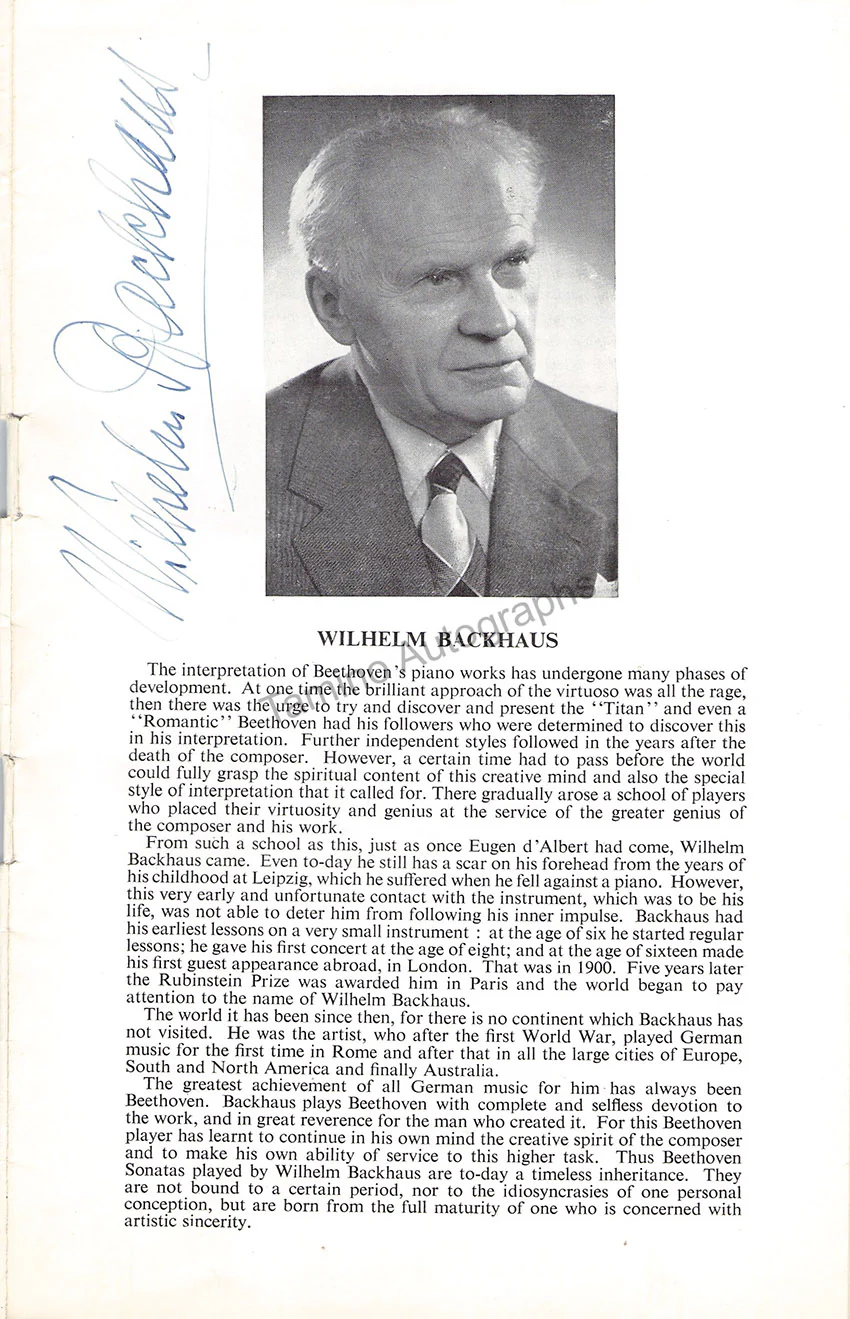 Backhaus, Wilhelm - Signed Program London 1961 - Image 3