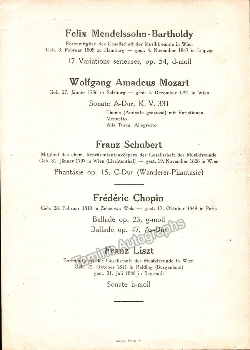 Backhaus, Wilhelm - Unsigned Concert Programs (Various Options) - Image 3